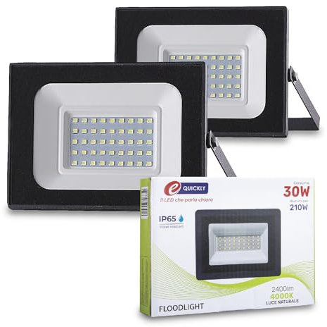 E-QUICKLY faretti LED da esterno - 30W, potente proiettore da 2400 lumen, faretto led da esterno con luce bianca naturale 4000K, faro LED grado di impermeabilità IP65, faretti da giardino 220V, 2 PZ