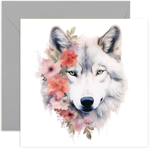 Old English Co. Grußkarte zum Geburtstag, Motiv: botanischer Wolf, niedliche Geburtstagskarte für Mutter, Oma, sie, florale Tierkunstkarte zum Denken an Sie, Dankeschön, blanko Umschlag innen