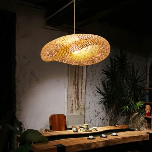 KLUFO Suspension E27 en bois de bambou vintage - Lustre rond rétro tressé à la main - Abat-jour en rotin - Pour restaurant, salon, chambre à coucher, bureau - 60 cm