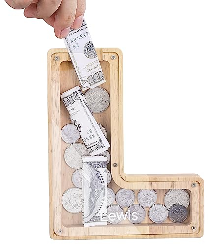 TsunNee Holz Brief Spardose Sparschwein Kreative Brief Münzbank Spardose mit Klare Alphabet Aufkleber, Spardose für Kinder Weihnachten Geburtstagsgeschenk Home DIY Dekoration (Helles Holz L, S)