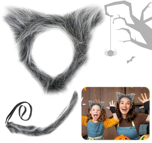 ARONRAVE Costume de Loup, serre-tête de loup garou + queue de loup Costume Oreilles de loup en peluche Costume de loup composé Oreilles de loup faites à la main Femmes Hommes Costume de loup