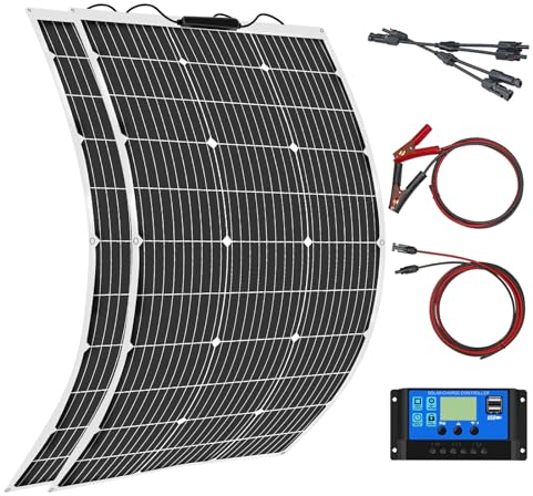 Aysolar 200W 12V Kit Panel Solar Flexible 2x100W 18V Placa Solar y 20A Controlador de Cargador para Baterías 12V/24V, Autocaravana, Caravana,Barco, Yate, Automóvil