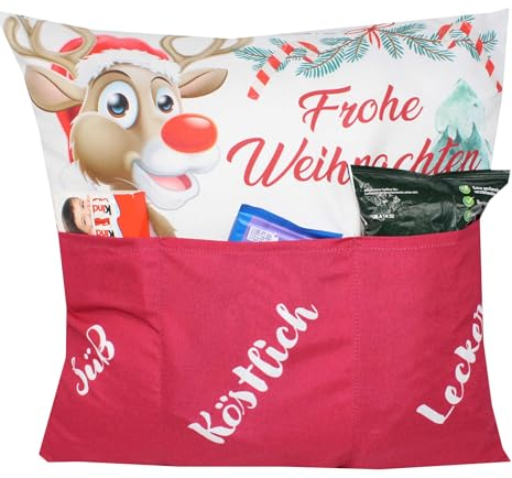 KAMACA Originelles Dekokissen Weihnachtskissen Kissen mit 3 Taschen zum selber Befüllen Größe 43x43 cm tolles Geschenk Weihnachten Nikolaus (Rentier Rudi)