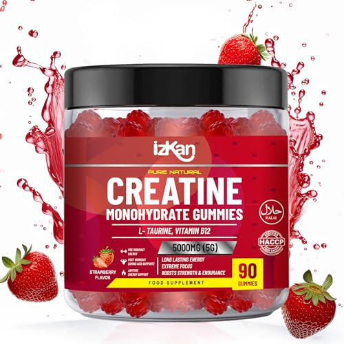 Creatine Gummies 5000mg (5G) for Men & Women - 90 Chewable Creatine Monohydrate Gummies Strawberry Flavoured | Pre Workout Gym Supplement| Muscle Boost| 3 Per Day - Vegan & Halal (1X)