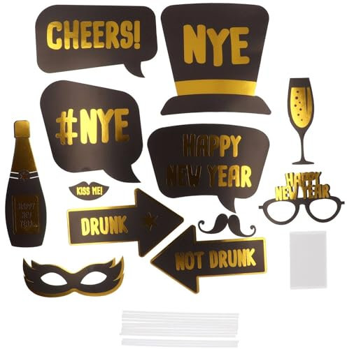 Folat 63762 Photobooth Zubehör - BlackGold HNY - 12 Stück - Silvester Deko, Neujahrs Party, Neujahr Silvesterdeko, Frohes Neues Jahr, Happy New Year