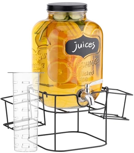 Navaris Dispenser per Bevande in Vetro 5 Litri - Distributore Acqua con Rubinetto e Supporto in Ferro - Drink Dispenser per Bibite Fredde - Set con Portabicchieri Laterali