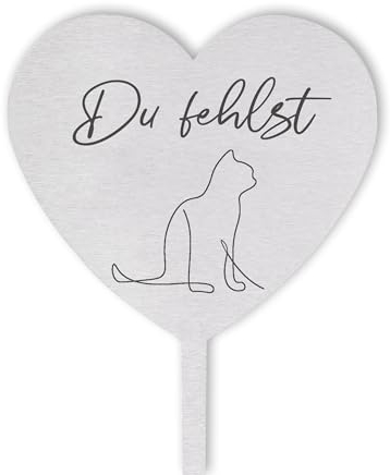 DOLORINO Grabstecker Katze Herz mit Spruch | Du fehlst | Grabschmuck | in Liebe für Deine geliebte Katze | eine wetterfeste Erinnerung aus Edelstahl