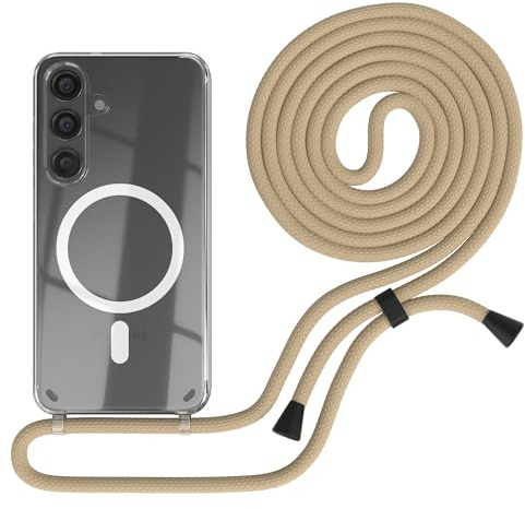 EAZY CASE - Handykette kompatibel mit Samsung Galaxy S24 Kette zum Umhängen Stoßfest Handyhülle für Galaxy S24 Silikon Hülle mit Band Handytasche Transparent als Fallschutz in Taupe - Clips Schwarz