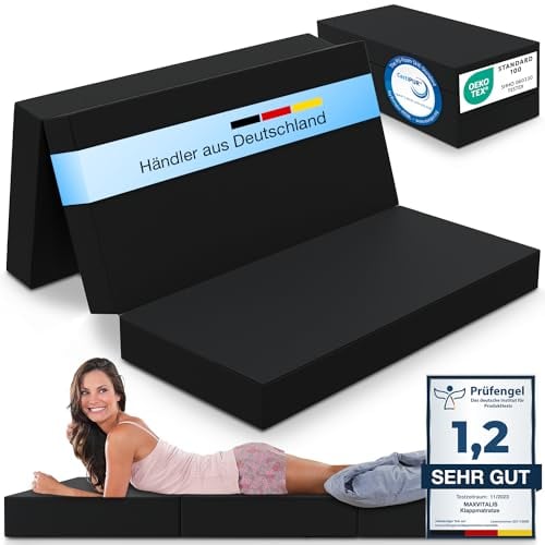 ELONEO Klappmatratze, Gästematratze, 3-teilige Faltmatratze, Schaumstoff extra dick (15cm), waschbar, Bandscheibenwürfel, klappbar, Faltbare Matratze, Erwachsene (Schwarz, 120 x 195 x 15 cm)