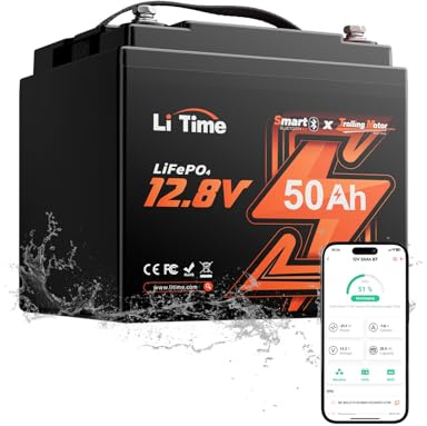 LiTime Batteria Litio 12V 50Ah LiFePO4 con Bluetooth per Barche, Yacht | BMS 50A, Max 15000 Cicli, Energia 640Wh, IP65, Protezione Basse Temperature, Max 4P4S, per Motore Elettrico Barca, Nautica