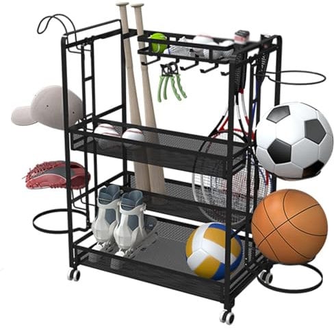 AYCDL Metal Utility With Removable Hat/Ball Rack, Home Sports Equipment Storage Trolley For Basketball/Football/Baseball Rod/Tennis Racket,Black L