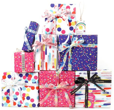 EIHI 4 Blatt Geschenkpapier Geburtstag mit Schleifenband und Klebeband, 50x70CM, Festlich, Mehrfarbig, Streifen, Tupfen, Sterne