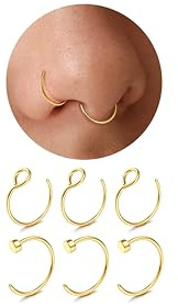 Diamday 6 Pièces Faux Piercing Nez Faux Piercing Oreille, Acier Chirurgical | Anneau Nez fin Clip On Septum Piercing Anneau de Lèvres No-Piercing Ear Fake Body Jewelry 22G/20G/18G 6/8mm