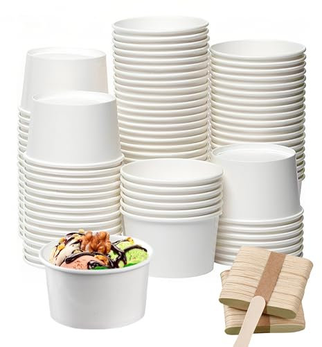 LoNinLoAn Paper Muffin Cases Pack of 60 Cardboard Ice Cream Cups 3 oz / 120 ml Dessert Cups Disposable Ice Cream Bowls with Wooden Spoon for Buffets Desserts Weddings Food Truck Ice Cream Parlours