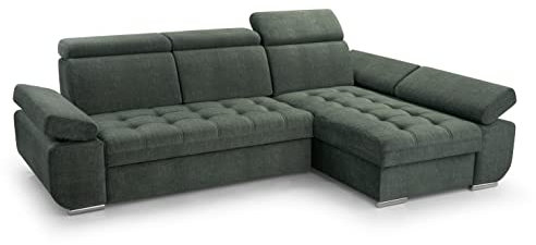 FurniShop24 Ecksofa mit Schlaffunktion und Bettkasten - Eckcouch L-Form mit Bewegliche Kopfstützen, Klappsofa - Schlafcouch zum Wohnzimmer, Modern Design Schlafsofa Bianco: Dunkelgrün, Ecksofa Rechts