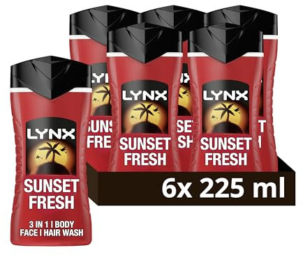 Lynx Sunset Fresh 3-in-1 Body Wash Men's Hair, Face and Body Cleanser with a mango & mandarin scent for all-day freshness 6x 225 ml