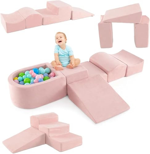 DREAMADE 5 TLG. Softbausteine, Riesenbausteine mit Bällebad & waschbarem Bezug, Großbausteine aus Schaumstoff, Kletterblöcke zum Toben & Klettern für Kleinkinder (Rosa)