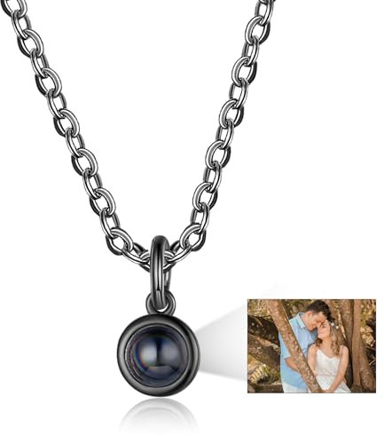 Lam Hub Fong Personalisiert Foto Projektion Halskette für Damen Männer Kette mit Bild Anhänger Silber Vergoldet Kette Schmuck Geschenk für Geburtstage Valentinstag Weihnachtsfeiertag (Schwarz 1)
