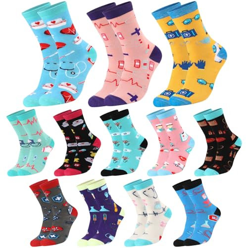 Hicarer 12 Paia calzini da Infermiera Calzini Divertenti da Donna 36-45 Calzini di Cotone Regalo per Infermiere Medico