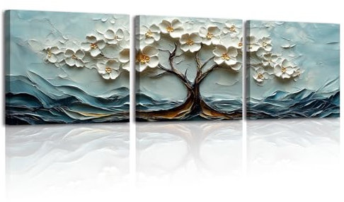 PIY PAINTING Albero Stampa Su Tela, Quadro Da Paretea Fiori Bianchi, Tela Immagini Blu Bianca, Facile Da Appendere Per Camera Letto Soggiorno Ufficio Ingresso, Cornice Interna, Set Di 3, 30x30 cm