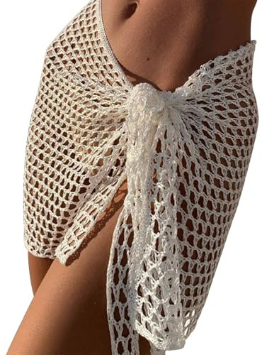 Women Sarong Beach Bikini Cover up Skirt Hollow Out Summer Scarf Swim Wrap Mini Skirt Swimsuit (A-a-White, ONE Size)