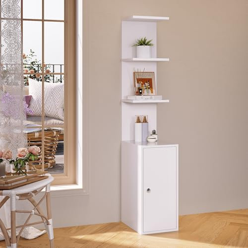 SONNI Standregal, Bücherregal, 3-stufiges mit Schrankfach, Schminkkommode, Regal, Küchenregal, 160 cm hoch, frei stehend für Kosmetik, Bücher, Ideal für Wohnzimmer, Bad & Office, Weiß, 30x40x160cm