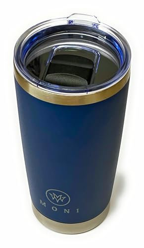 M O N I Stainless Steel Travel Mug, Navy Blue Stainless Steel Coffee Tumbler with Silver Trim, Magnetic Lealkproof Lid, Fits Car Cup Holder (Navy Blue, Large)