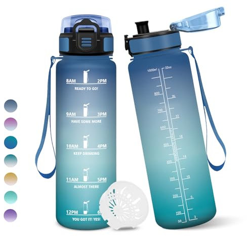 Botella Agua, 1 litro Libre de BPA, Botella Agua Gimnasio, Con Marca de Tiempo, Botellas de Agua, Diseño de Cerradura a Prueba de Fugas, Botellas de Agua Para Niños para Deportes - Azul&Verde