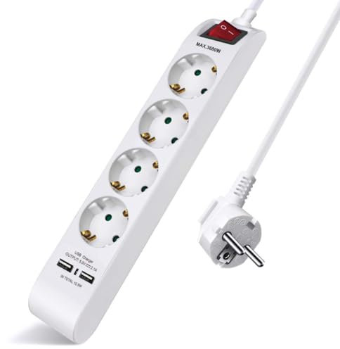 Regleta Enchufe con 4 Tomas y 2 Puertos de USB, Regleta de enchufes con Interruptor, Protección Infantil, MAX 3680W, 1,5 m, Blanco, 1pc
