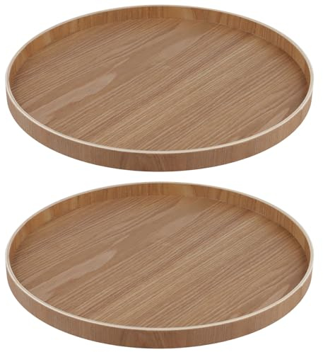 JEUIHAU 2 Pack Round Wooden Serving Tray, 30cm Rustic Wooden Decorative Candle Holder Tray for Coffee Table Decor, Organizer in Living Room