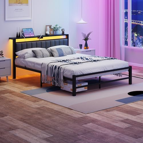 ARFARLY King Size Bed Frame with Storage Headboard, 5ft Upholstered Bed Frame Kingsize with Charging Station and LED Lights/Under Bed Storage/No Box Spring Needed, Dark Gray