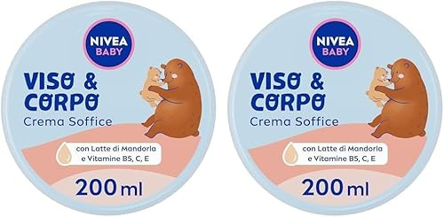 NIVEA BABY Viso & Corpo Crema Soffice 200ml, Crema corpo bambini idratante e nutriente, Crema viso neonato con Latte di Mandorla e Vitamine, Crema corpo neonato contro disidratazione e secchezza