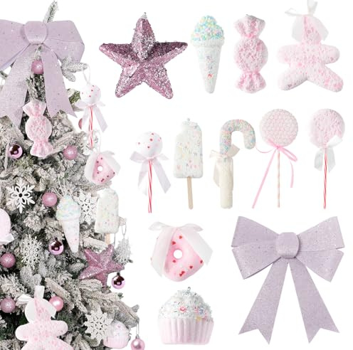 RumonZS 12 Stück Rosa Weihnachts Zuckerstangen Donuts Cupcakes Eiscreme Schleifen Ornamente für Candy Christmas Deko Weihnachtskugeln Deko Lutscherbaumschmuck für Weihnachten