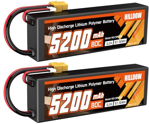 Hilldow 5200mAh 11,1V LiPo-Akku 3S 80C 11,1V RC-Akku mit Hartschale und XT60-Stecker für RC-Fahrzeuge Autos und -LKWs (2 Packungen)