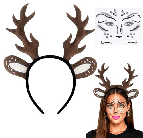 Reh Kostüm Damen Halloween, Reh Gesichtstattoo und Rentier Haarreif, Haarreif Reh Geweih Hörner Rehohren + Reh Gesichtstattoo, Damen Kinder Reh kostüm Kopfschmuck Haarreifen für Halloween Party