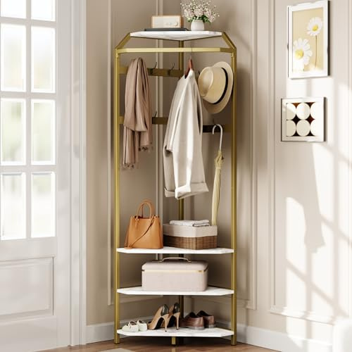 JOLLYTOP Eckgarderobe Mit Sitzbank & Schuhablage – 3-in-1 Garderobenständer Für Ecke Mit 12 Doppelhaken, Kleiderstange & Ablage – Platzsparender Hall Tree Für Flur, Schlafzimmer & Wohnzimmer,Gold