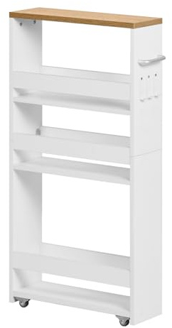 DazzlerE Kitchen Storage Trolley on Wheels, 4 Tier Slim Storage Cart 15cm, Narrow Storage Unit for Kitchen, Bathroom, Living Room, 40×15×80cm, Natural and White