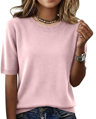 Pull Femme Chic Et Elegant D'Été pour À Manches Courtes Haut en Tricot Couleur Unie Léger Élégant Col Rond Décontracté Printemps Été Pullover Tops