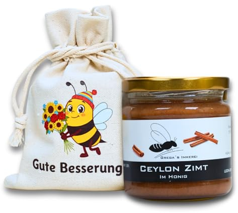 Grega's Imkerei | Honig-süßes Geschenkset Gute Besserung im Leinensäckchen mit 250g Honigspezialität nach Wahl | Geschenk gute Besserung & Aufmunterung (Ceylon Zimt im Honig 250g)