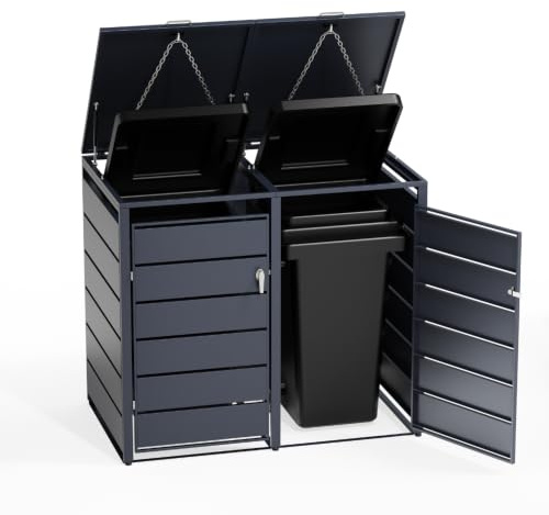 TIMBELA M802-2K Copribidone Spazzatura in Metallo 2 x 240L, Box Metallico per Bidoni Spazzatura con 2 Porte Magnetiche, Antracite RAL7016