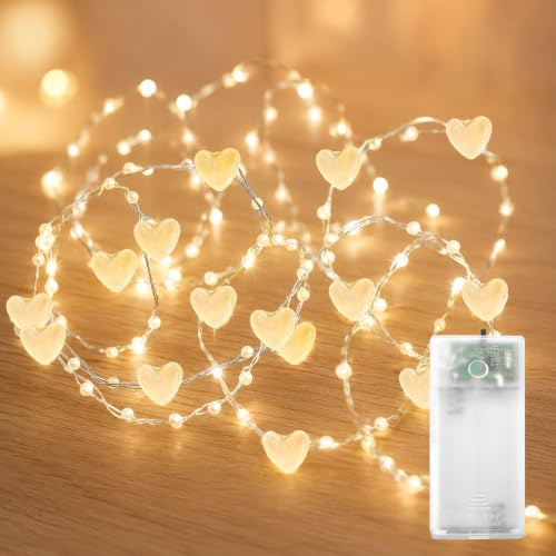 ZingBox Lichterkette Herz Perlen mit Timer, 2M 20 LED, Warmweiße | Herzen Perlen Lichterkette, Perlengirlanden, Perlenlichterkette für Schlafzimmer, Weihnachten, Hochzeit, Valentinstag