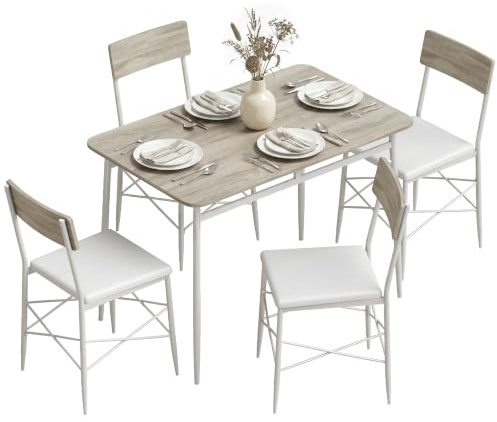 HOMCOM Juego de Mesa y Sillas de Comedor 5 Piezas Roble y Blanco | Mesa de Cocina Rectangular con 4 Sillas Acolchadas, Estilo Moderno, Marco Metálico, Espacios Pequeños, Salón, 106x66x75 cm