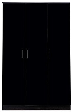 Reflect - 3 Door PLAIN Wardrobe with 4 Shelves and Handing Rail for Bedroom (H: 180cm x W: 113cm x D: 47cm) (Black Gloss/Black Oak)