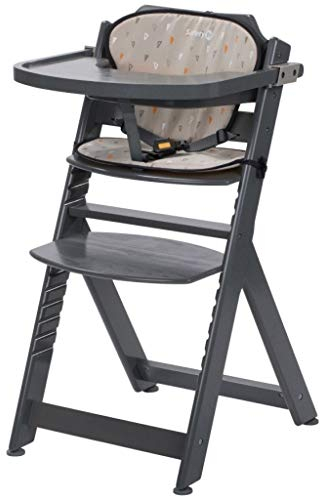 Safety 1st Timba, mitwachsender Hochstuhl aus massivem Buchenholz, inkl. passendem Sitzkissen & abnehmbarem Tisch, ab 6 Monate bis ca. 10 Jahre (max. 30 kg), warm grey (grau)