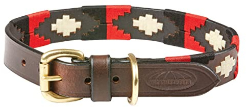 WeatherBeeta Polo Leather Dog Collar, Cowdray Brown/Black/Red/White, Extra Small