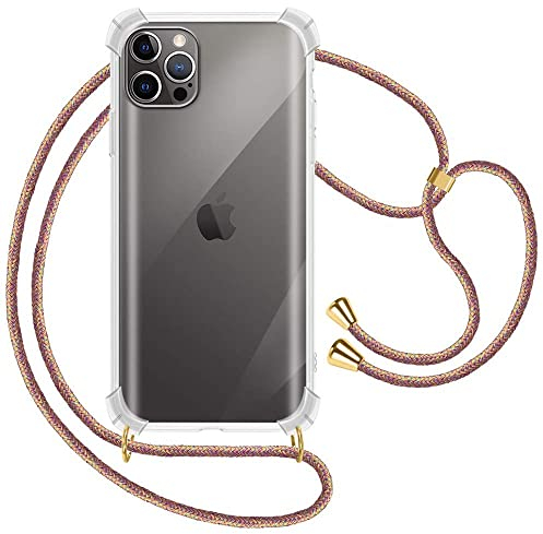 XTCASE Hülle für iPhone 12/12 Pro (6.1) mit Band Transparent Handyhülle Stossfest Schutzhülle - Schnur mit Case zum Umhängen in Regenbogen