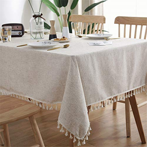 Xlabor Beige Leinenoptik Tischtuch mit Quaste Rechteckige Tischwäsche Tischdekoration 100x140 cm