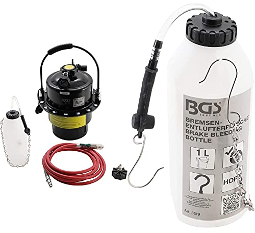 BGS 8315 | Druckluft-Bremsenentlüfter | Bremsenentlüftungsgerät | Entlüftungsgerät | Bremsflüssigkeit | 5L & Bremsenentlüfterflasche | 1 l | Bremsflüssigkeits-Auffangflasche | Bremsflüssigkeit