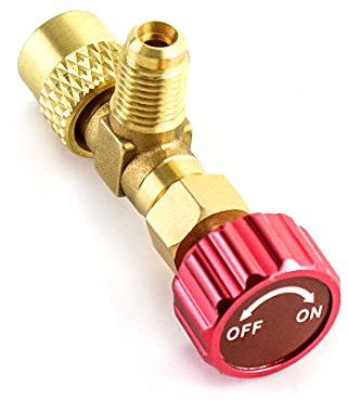 QWORK® 1/4 ''-5/16 Valvola di Sicurezza del refrigerante, ottone valvola di controllo del flusso, Valvola di carico del refrigerante R410A Connettore Adattatore, Rosso