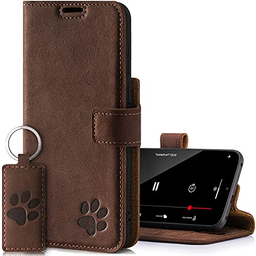 SURAZO Prestige Handyhülle für Samsung Galaxy S21 FE 5G – Echtleder Hülle mit Pfote Motiv – Vintage Klapphülle mit Standfunktion, Kartenfach und Schlüsselring - Handmade RFID Schutzhülle (Nussbraun)